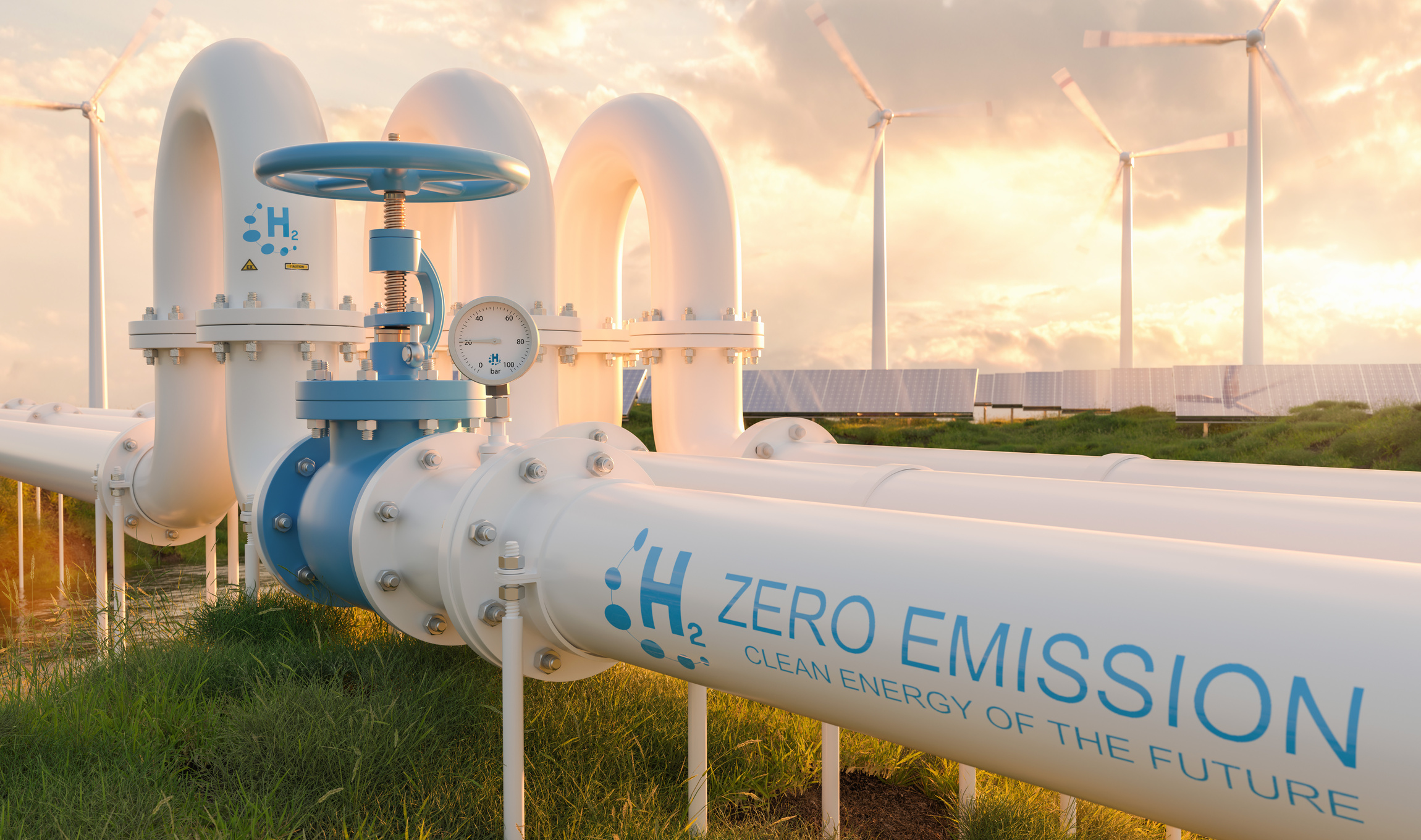 Hydrogen Zero Emission pipeline with wind turbines and solar pan